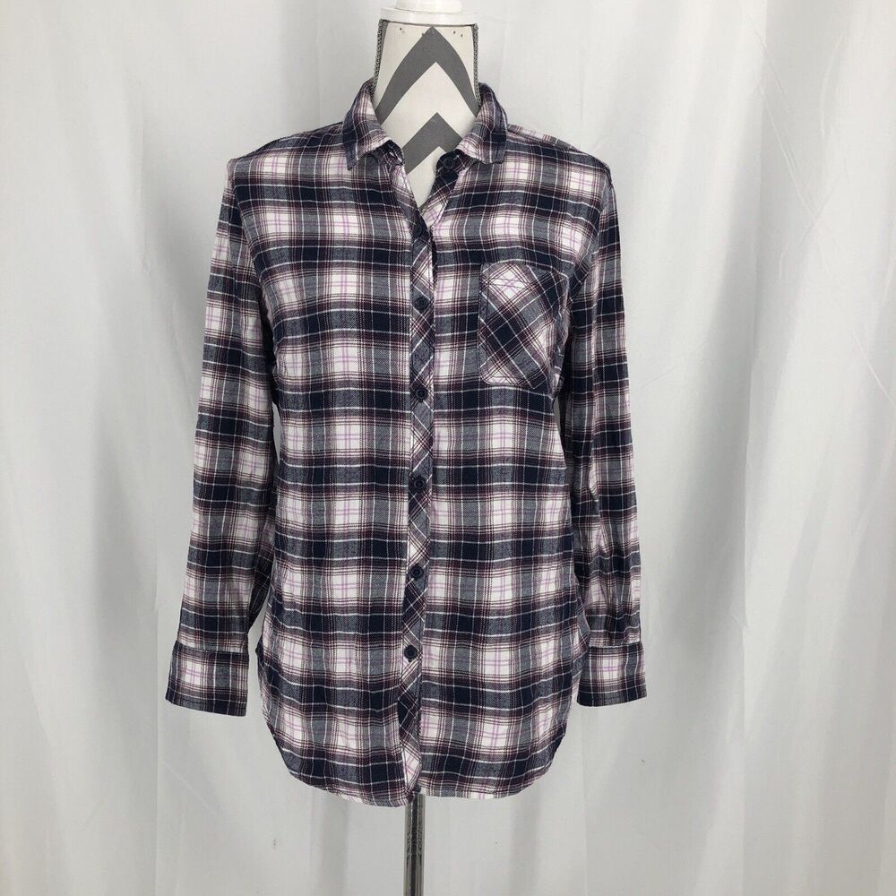 Beach Lunch Lounge Women's Shirt Sz S Plaid Button Up Long Sleeve Navy Purple
